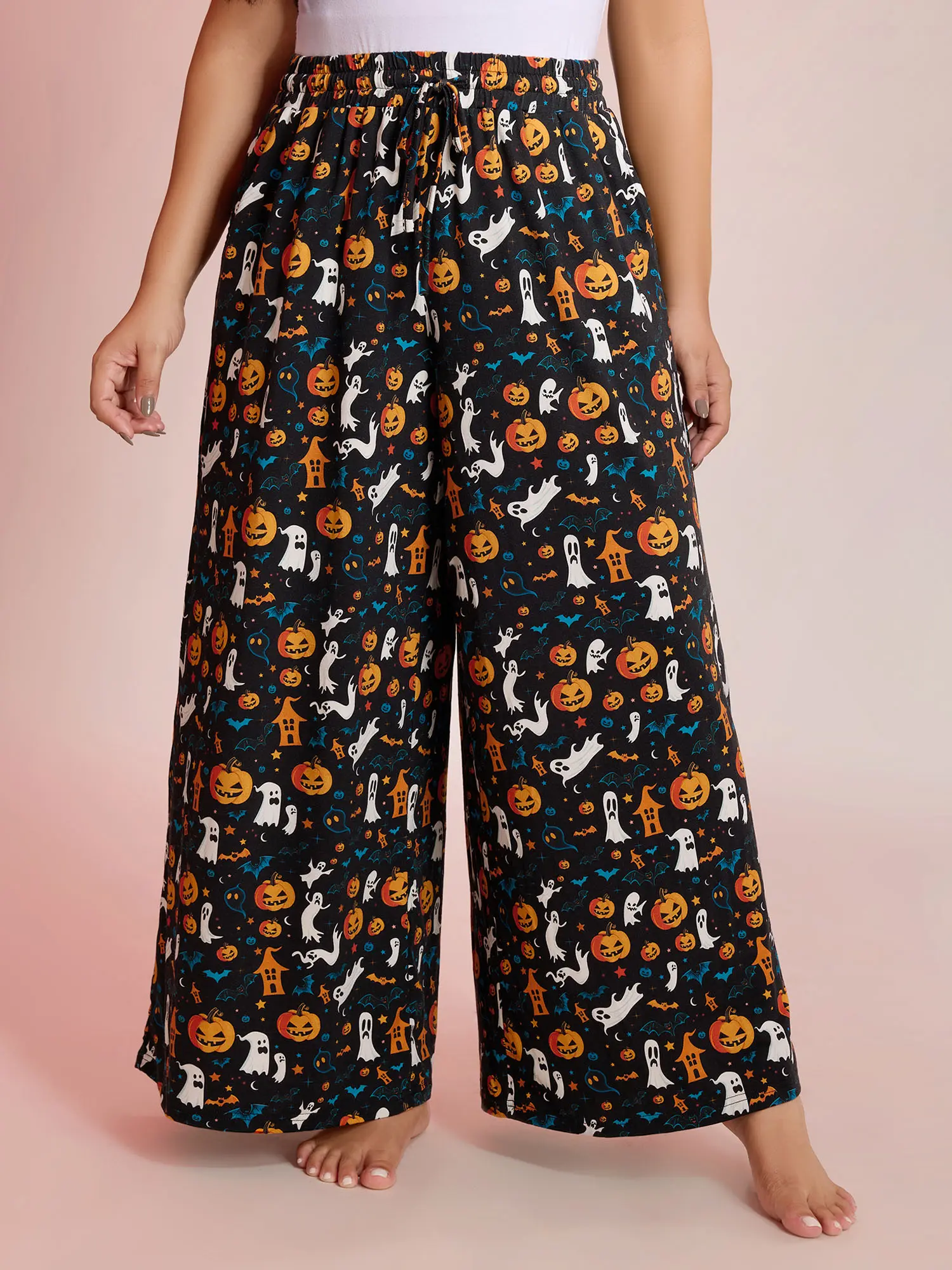 BLOOMCHIC Halloween Spiced Print Waist-Tie Lounge Pants - Loose-Fitting Sleeveless Drawstring Slanted Pocket Black Bottoms for Women Loungewear Nightwear Pjs Womenswear