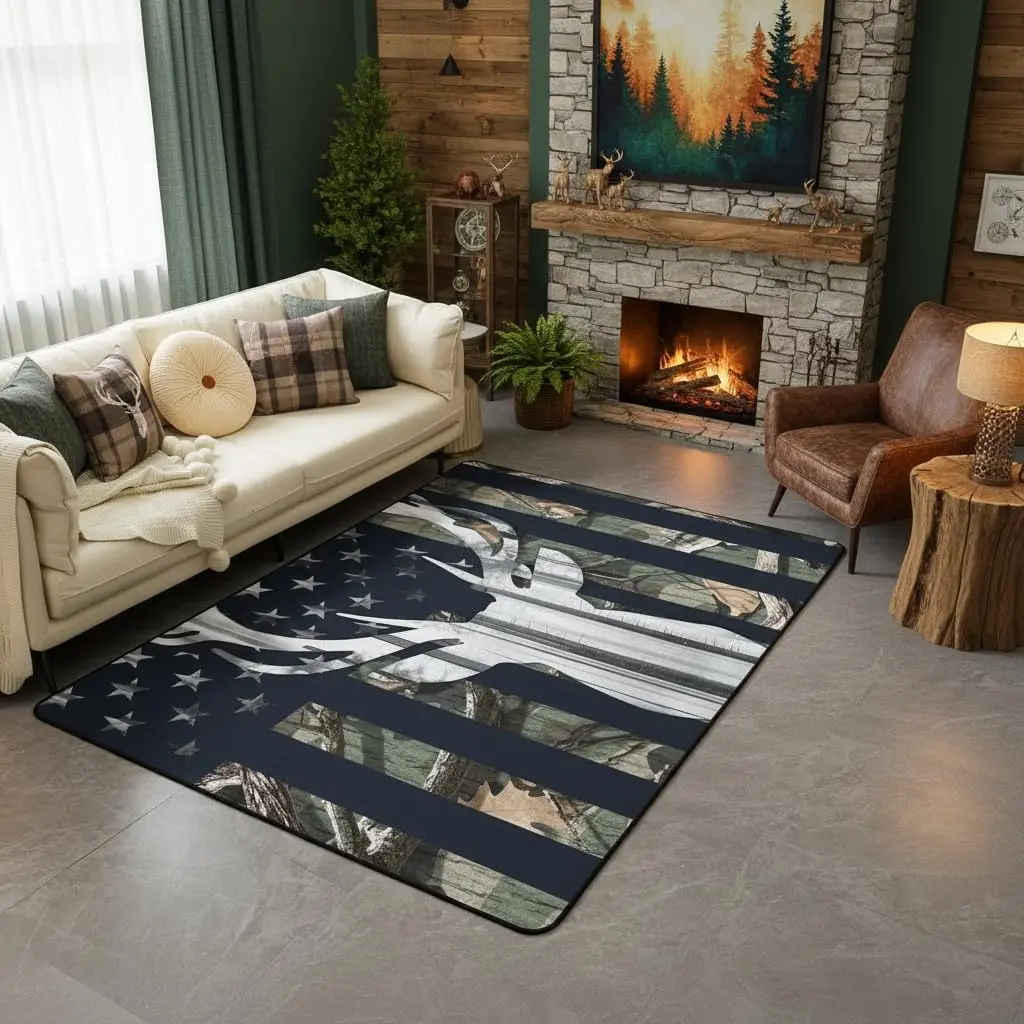 Deer Antler Area Rug 3'x5' Camouflage Camo National Flag Decor Non Shedding Rug Adults Leaf Plant Rustic Style Decorative Carpet for Playroom Bedroom Dining Room