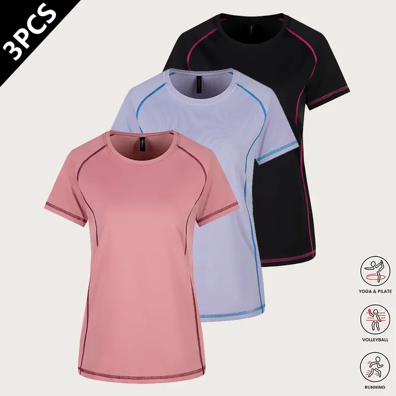 3-pack women’s quick-dry sports T-shirts — slim fit, figure-flattering short sleeves for yoga and running; stretchy, breathable crew neck athletic tops suitable for jogging, workouts, fitness, and yoga; women’s apparel 3-pack women’s quick-dry sports T-shirts — slim fit, figure-flattering short sleeves for yoga and running; stretchy, breathable crew neck athletic tops suitable for jogging, workouts, fitness, and yoga; women’s apparel