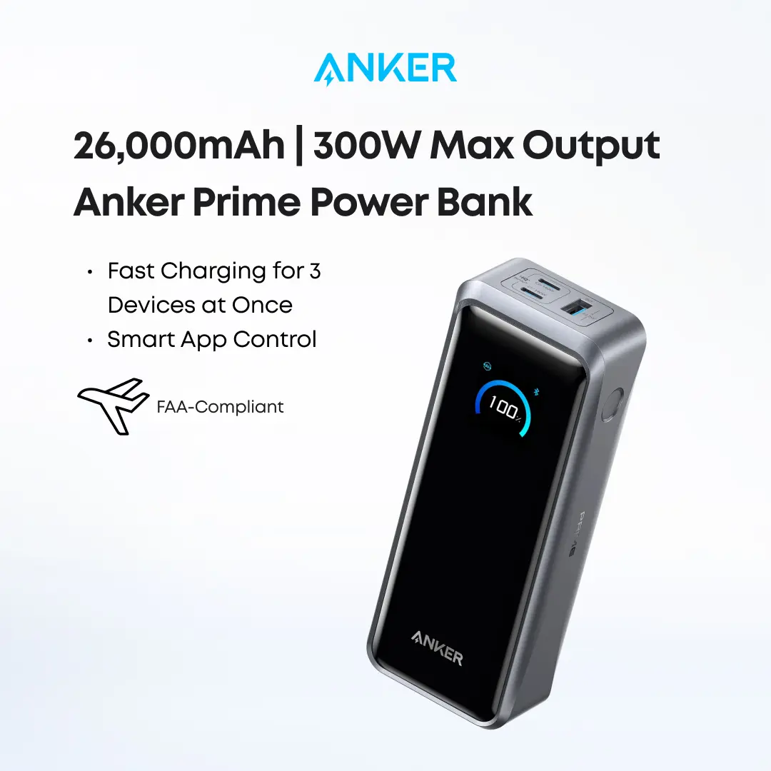 【Anker Prime  Power Bank】300W Max, 26,250mAh 3-Port Portable Charger, TSA-Approved Two-Way Fast Charging Battery with App Control for MacBook, iPhone 17/16 (Base Not Included)#DealsForYouDays