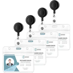 4 PCS Horizontal Badge Holder with Clip, Clear Plastic Badge Holder Horizontal with Clip, Soft & Durable for Nurse, Doctor, Teacher & Office (Retractable Reel Included)