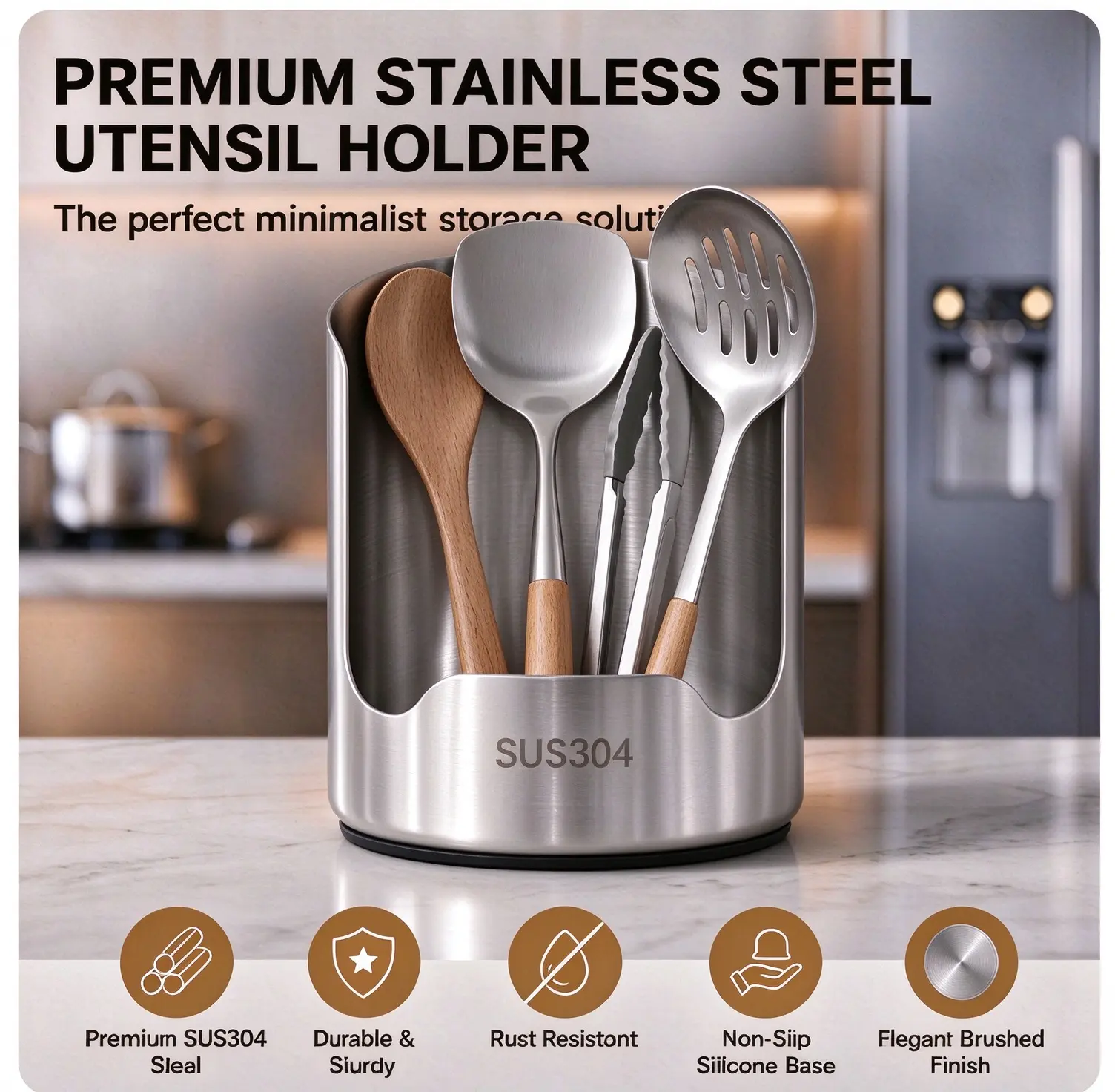 SUS304 Stainless Steel Utensil Organizer,Food Grade Kitchen Countertop Organizer with Non-Slip Mat, Front Open Cutlery Caddy for Spoons Forks Chopsticks, Kitchen Accessories Perfect Gift
