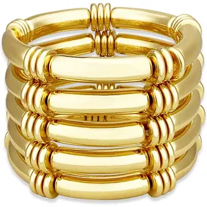 5PCS Gold Chunky Bangles Bracelets for Women Gold Plated Stackable Layered Curved Bamboo Tube Stretch Bracelets Bangle Gift Jewelry