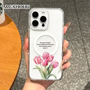 Magnetic Compatible Case for iPhone 16 E Pro Max 15 Plus 14 13 12 11 XS XR, Cute Tulips with Biblical Verse Design | Shockproof, Stylish, Girly, Scratch Resistant, and Silicone Protection