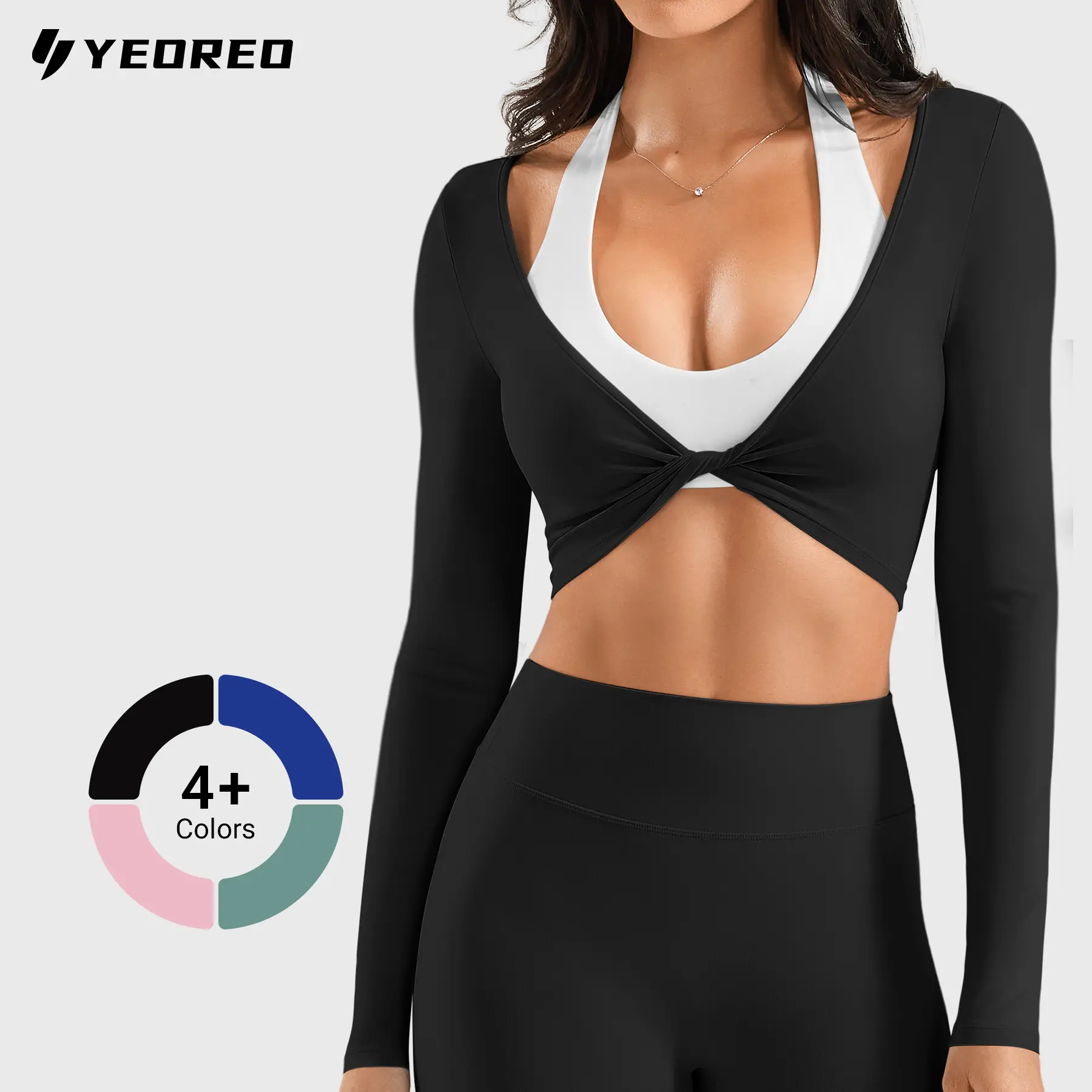YEOREO Ease (COVER UP ONLY) Long Sleeve Twist Back Workout Top - Deep V Knot Yoga Crop sohochic