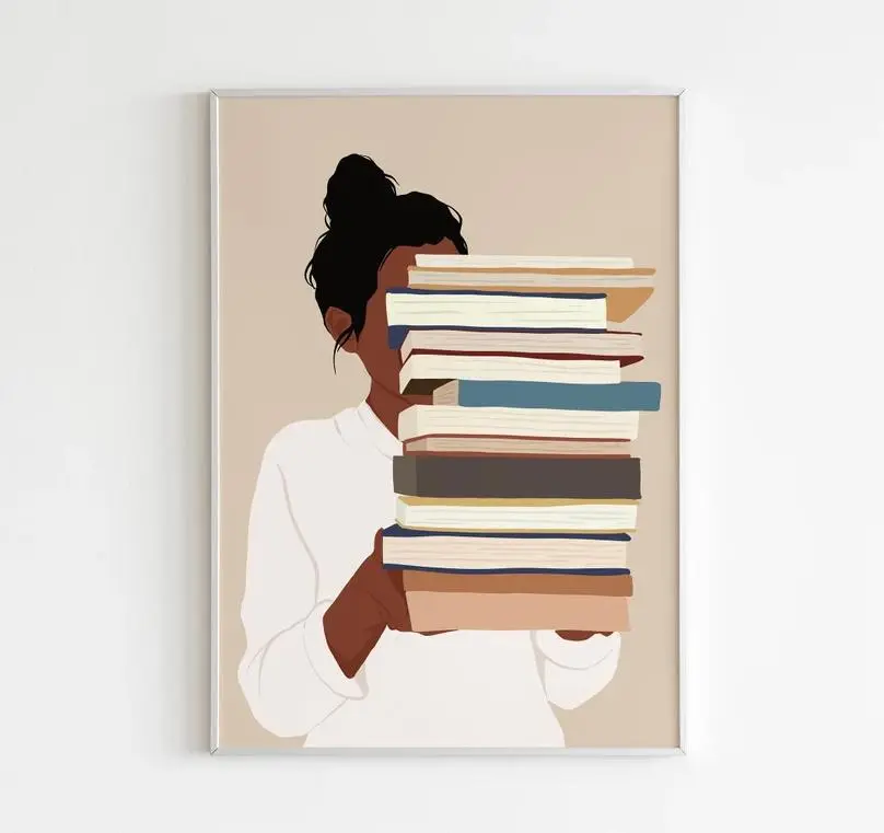 Stack of Books Wall Art, Woman Holding Literature Poster, Cozy Academic Prints For Book Lovers And Study Room