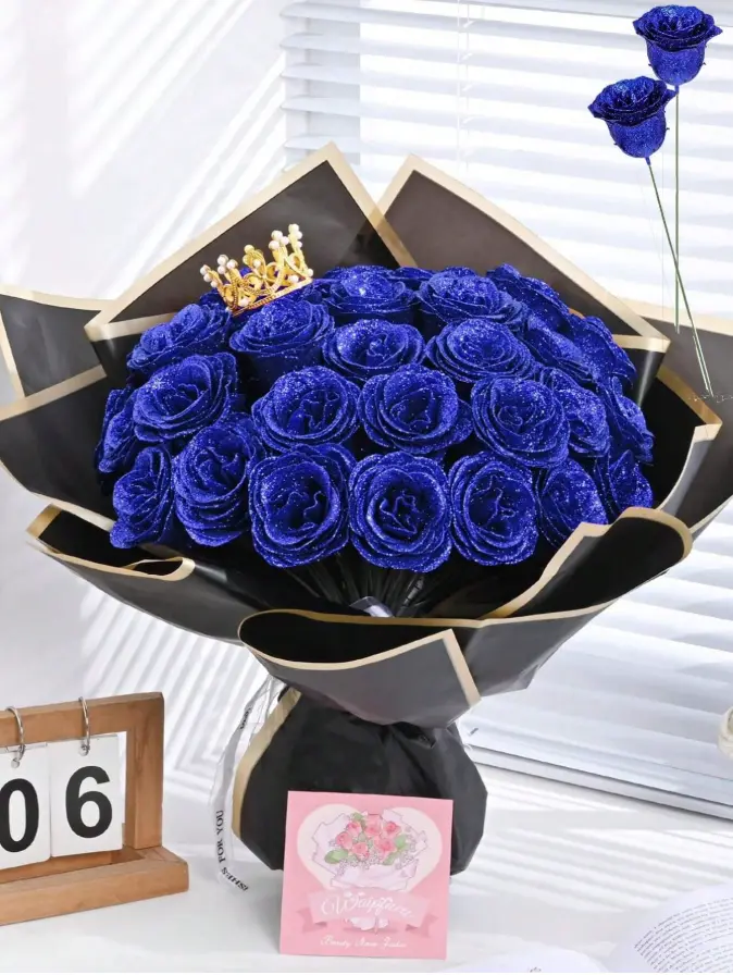 6/12 Purple Glitter Artificial Rose Bouquet, Faux Flowers with Wrapping Paper for Home Decor( DIY)
