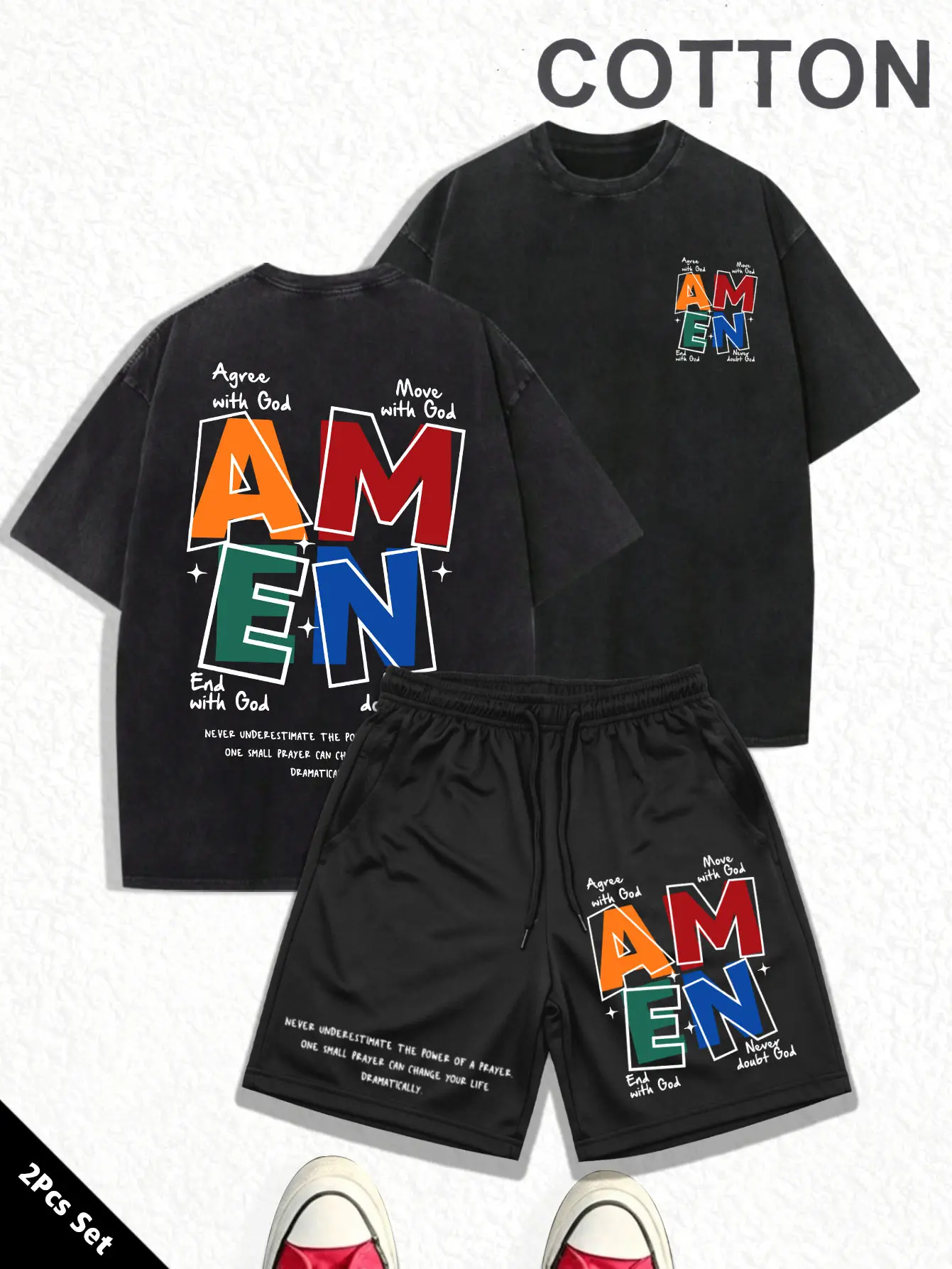 1 set colorful letter double-sided print washed distressed short-sleeve T-shirt and shorts two-piece unisex retro loose casual sports set