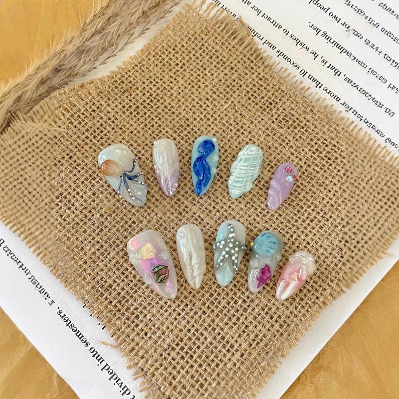 Hand-painted Happy Underwater World Almond Nail Art Set for Women with Rose Tulip Shell Bow Starry Sky Butterfly Leopard Print XINGX Almond Shape Manicure Kit
