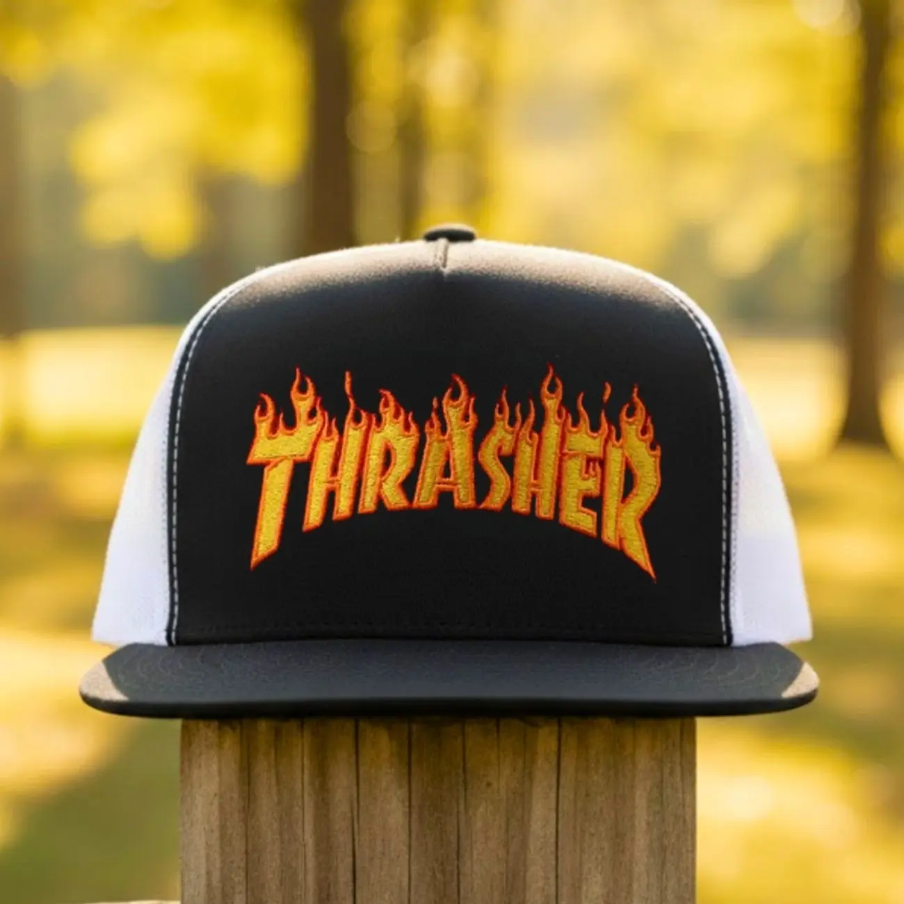 Thrasher Flame Logo Trucker Hat, Adjustable Snapback Trucker Hat for Men Women Summer Beach Sports Cap with Sun Protection