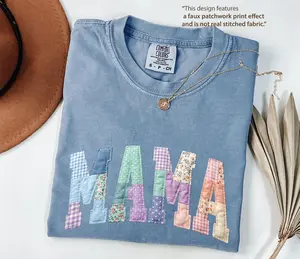 Comfort Colors Faux Patchwork Floral Mama Shirt, Faux Embroidered Mom Shirt, Varsity Mom Tee, Patchwork Mama Shirt, Cottagecore Floral Mom Gift - AMBER