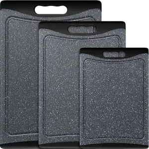 Extra-large plastic cutting board, kitchen cutting board (3-piece set), with drainage groove and easy-grip handle, dark gray, for home and kitchen