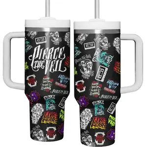 Pierce The Veil Inspired 40oz Tumbler with Handle, Post Hardcore Music Aesthetic Cup, Emo Rock Band Theme Travel Mug, Alternative Scene Fan Gift, King for a Day Vibes Stainless Steel Tumbler, Reusable Hot Cold Drinkware