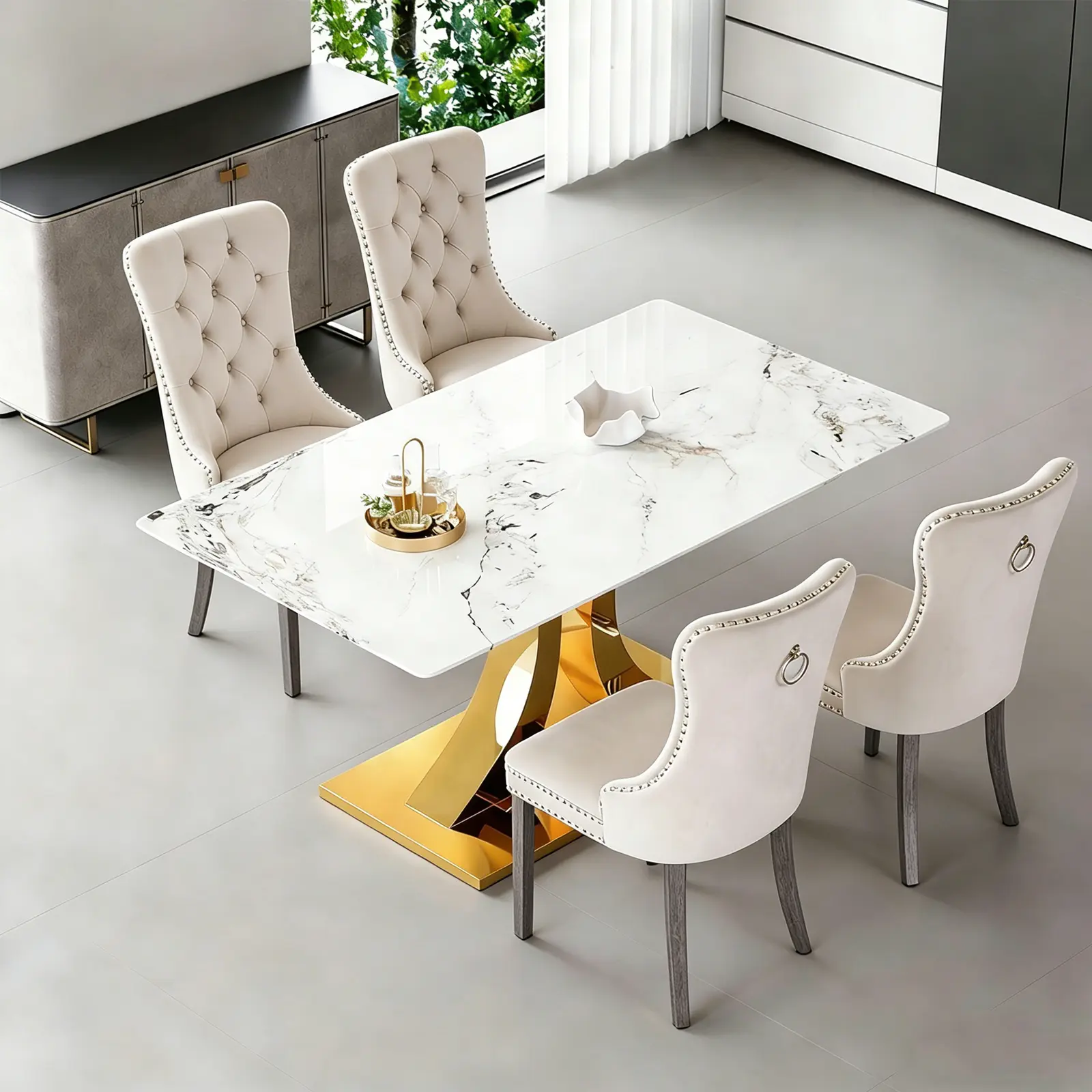 Dining Table Set for 6,Kitchen Table Chairs Set of 6,Modern Rectangular Dining Room Set 63" White Tempered Glass Top with Adjustable Stainless Steel Base,Velvet Upholstered Chairs,Golden Stainless Steel Plating Legs,Suitable for Dining Room,Office,Kitchen Dining Table Set for 6,Kitchen Table Chairs Set of 6,Modern Rectangular Dining Room Set 63" White Tempered Glass Top with Adjustable Stainless Steel Base,Velvet Upholstered Chairs,Golden Stainless Steel Plating Legs,Suitable for Dining Room,Office,Kitchen