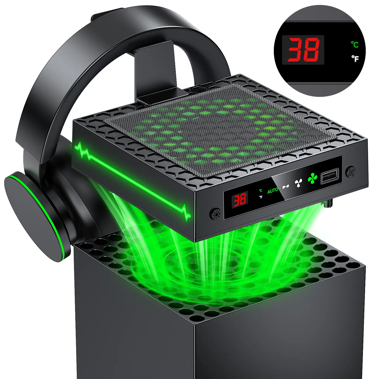Auto Cooling Fan for Xbox Series X with LED Temperature Display & 9 RGB Lighting Modes, Smart Thermally-Adjustable Cooling System for Xbox Series X, Separate Cooler&Light Switch, Headset Hook,USB Port