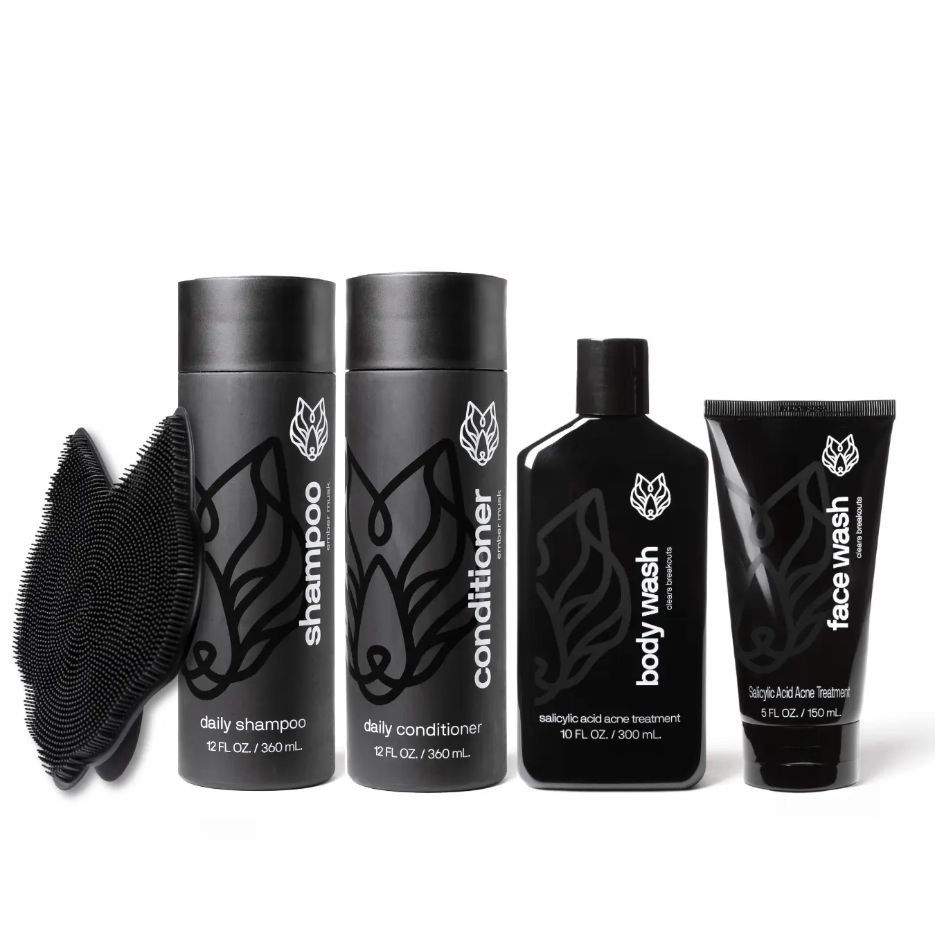 Black Wolf Complete Shower Bundle | Face Wash + Body Wash + Shampoo + Conditioner | Daily Cleansing & Hydration | Men's Shower Routine