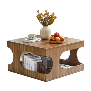 Giratree 31.5" Square Coffee Table with Storage, Mid-Century Modern Center Table with Arched Cutouts and Carved Lines, 2-Tier Tea Table for Living Room, Cat-Friendly Base