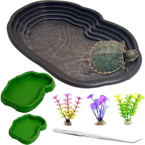 Reptile Bathing Pool 7 Pcs Tortoise Water Dish with Ramp Extra Large Turtle Feeding Bowl with Steps 2-in-1 Reptile Food & Water Dishes Gecko Habitat Decoration Accessories Lizard Bath Tub