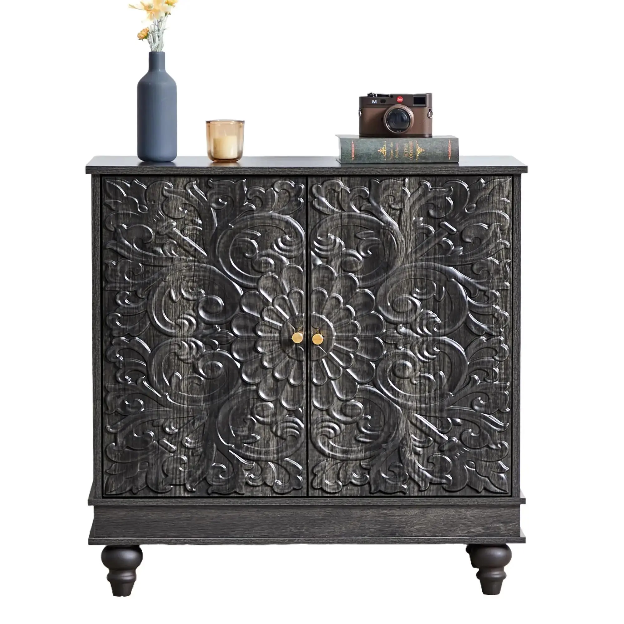 Giratree 2-Door Carved Accent Cabinet with Adjustable Shelves, Elegant Floral Relief Sideboard Buffet for Living Room, Entryway, Dining Room, Hallway Storage and Decorative Display
