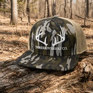 Three River Hat Deer Antler Camo Trucker Hat, Snapback Mesh Hunting Cap, Mossy Camouflage Outdoor Baseball Hat, Whitetail Deer Hunter Gift for Men