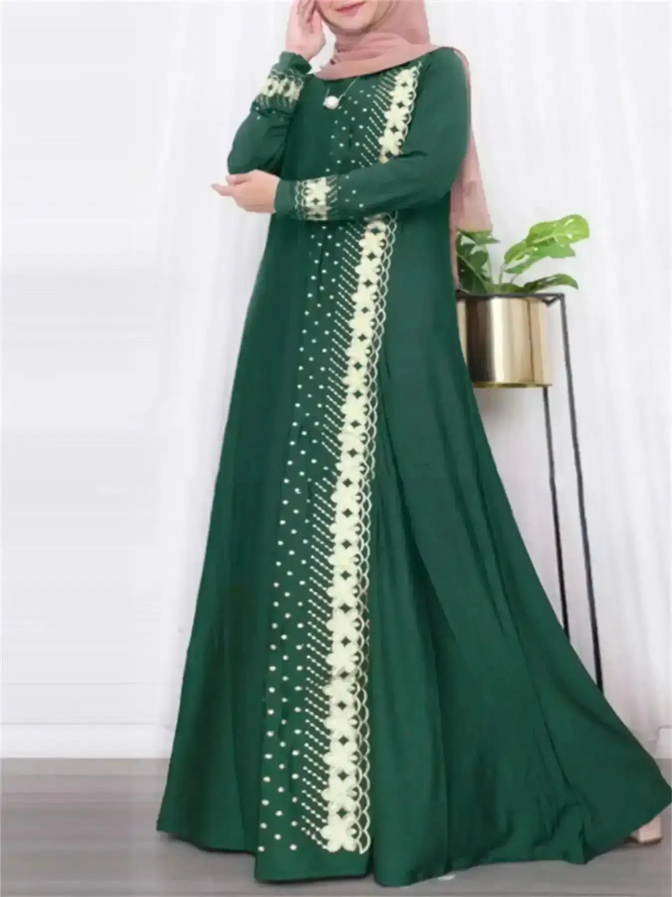 Retro Women's Floral & Dot Print Long Sleeve Maxi Dress, Modest Round Neck Arabian for Daily Wear, hijabi cute dresses, Ladies Islamic Clothing All Seasons, Style Muslim, Soft Touch, Vacation Ready, Seasonless