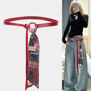 Scarf Belt Accessories for Women Ribbon Waist Chain Belt Hip Hop Punk Retro American Style Decoration for Jeans Red