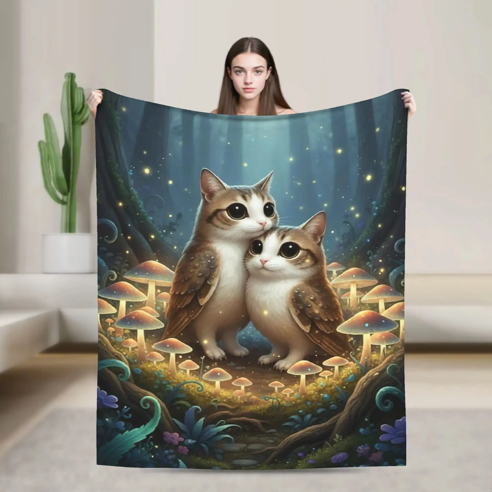 2 Meowls Glowing Mushroom Ring Flannel Throw Blanket - Warm, Comfy Goblincore Aesthetic Room Decor, Magic Forest Animal Trend Bedspread, Weird Art Gift for Couch, Camping - High-Quality Sleep Essential