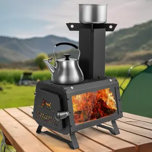 【Costway】-Portable Camping Wood Stove - Mini Wood Burning Stove w/ 2 Cooking Positions, Anti-scalding Door Handle & Heat Resistant Glass Window, Tabletop Fire Pit Stove for Outdoor Cooking & Heating