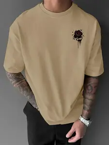 Men's Rose Print Round Neck Graphic Tee, Loose Casual Short Sleeve T-shirt for Summer, Men's Top for Daily Wear