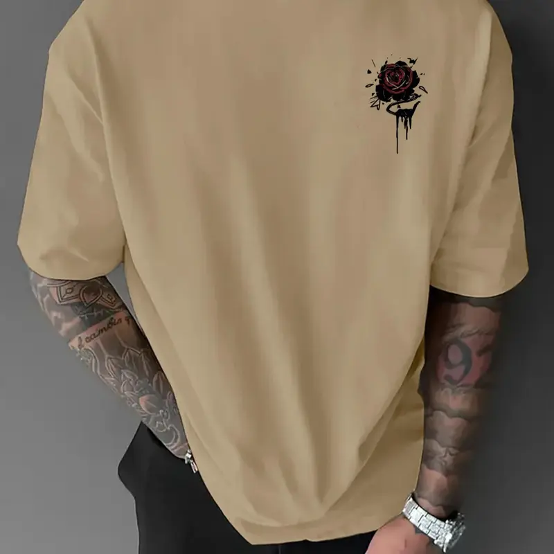 Men's Rose Print Round Neck Graphic Tee, Loose Casual Short Sleeve T-shirt for Summer, Men's Top for Daily Wear, Jersey Tee, Casual Sports Tops, Casual Workout Shirts, Casual Sportswear