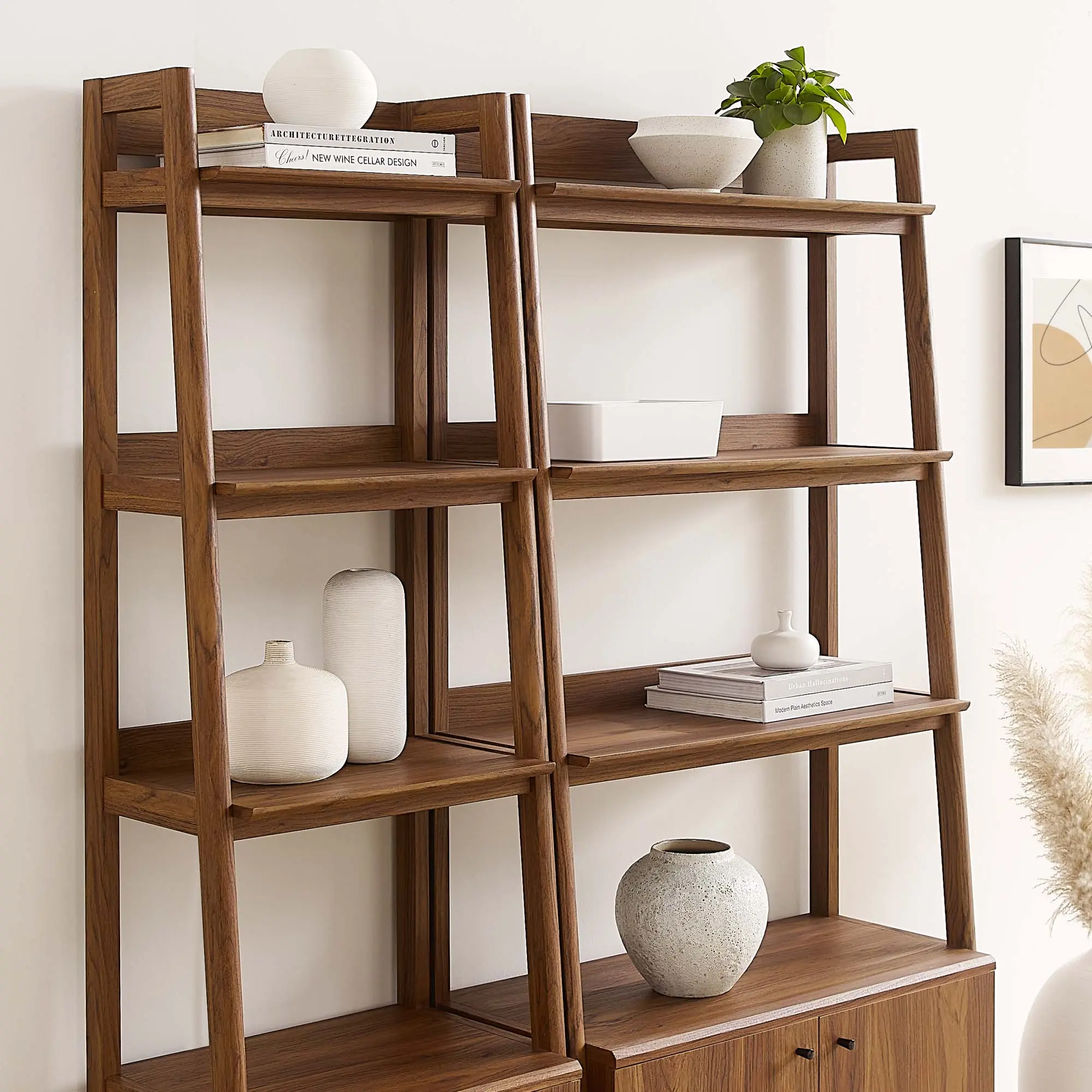 Modway Bixby Wood Bookshelves - Set of 2, Walnut Finish, Indoor Furniture for Living Room Use