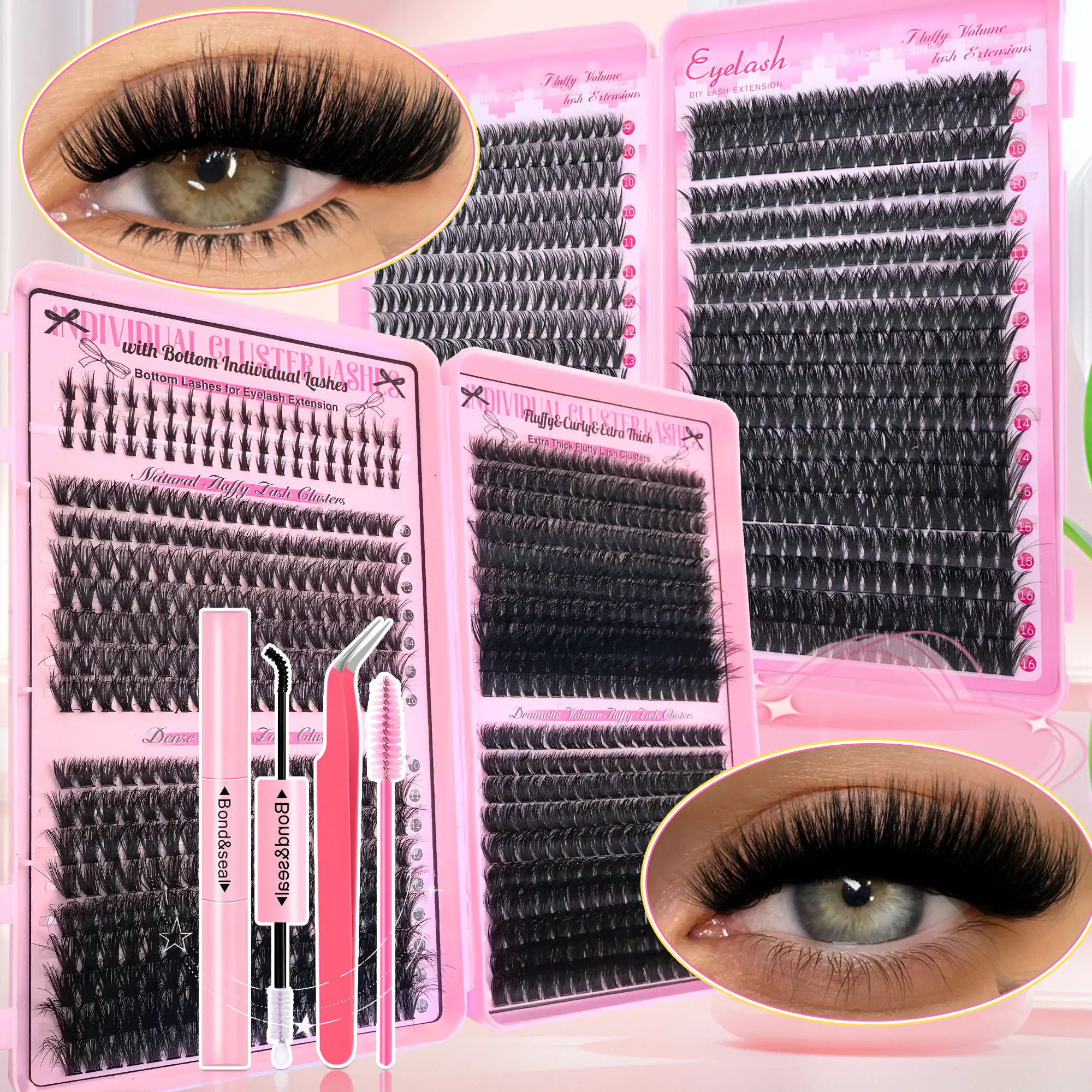 DIY Lash Extension Kit with Glue & Tweezer, 740PCS Individual Natural Look to Volume Cluster Lashes 40D-100D Mixed Length 10-16mm, Fluffy C/D Curl Wispy False  Eyelashes Clusters with Spiky Lower Lashes