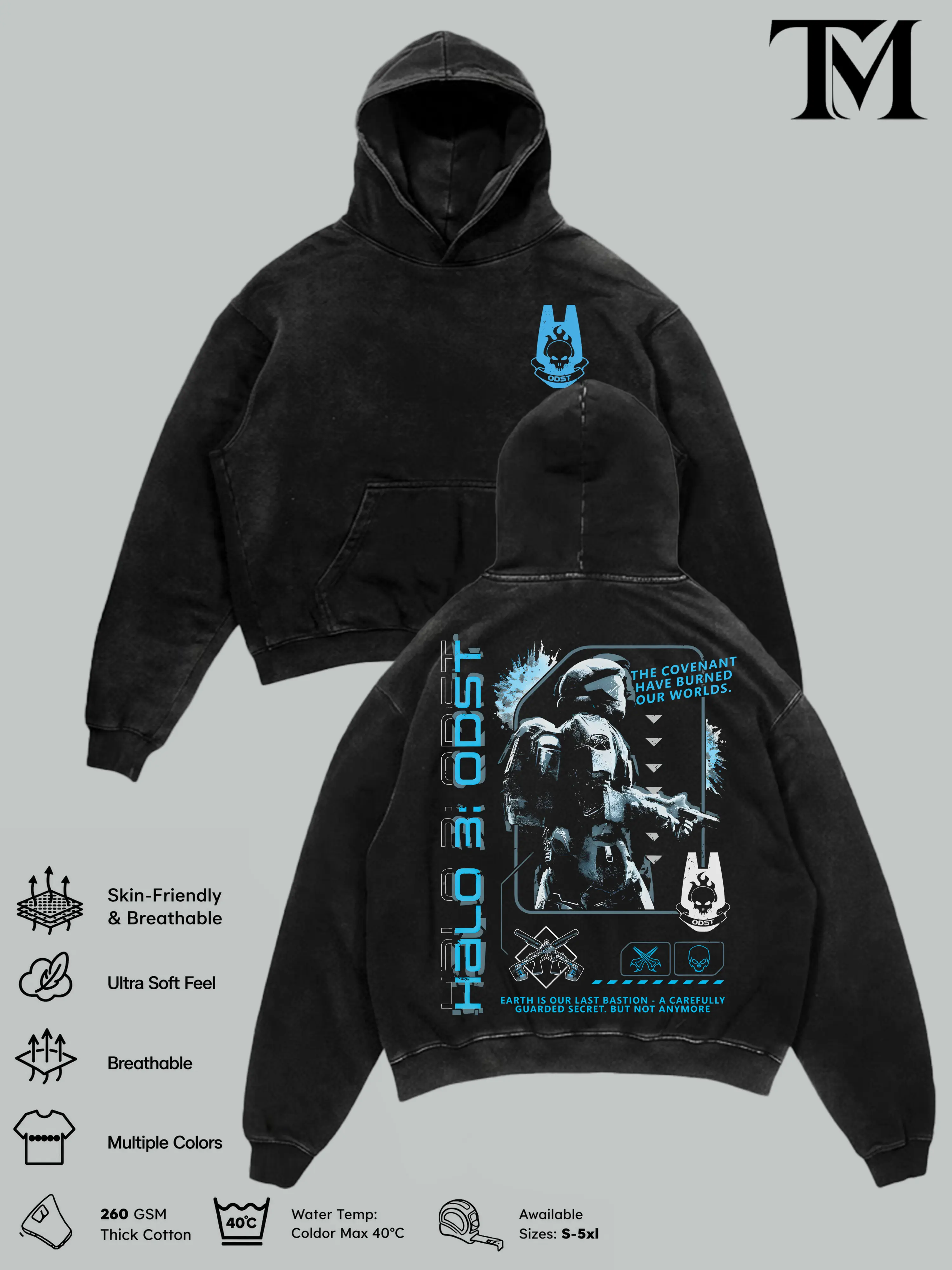 Halo ODST The Rookie Hoodie & T-Shirt, Double Sided Graphic Pullover, Vintage Acid Washed, Oversized Unisex Gaming Streetwear, Lightweight Cotton, Gamer Gift, Retro FPS Apparel