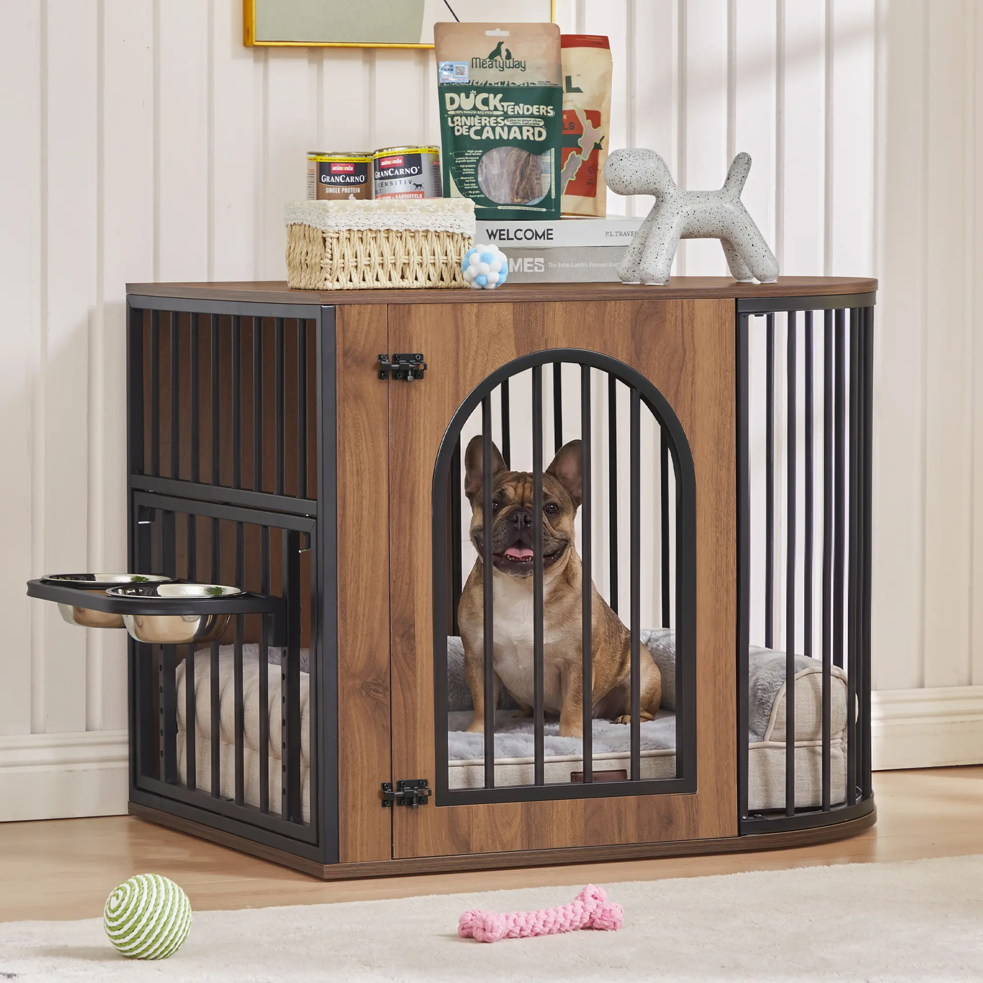 Giratree 31.5" Oval Dog Crate Furniture, Indoor Dog Kennel for Small and Medium Dogs up to 55 lbs, Heavy-Duty Pet Cage with Adjustable Feeding Rack for Living Room