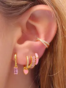 5Pcs Lovely 24K Gold Plated Cubic Zirconia Multicolor Cuffs Earrings Set For Women Pink Zircon Hoop Earrings Pack Enamel Heart Drop Dangle Earrings Stack