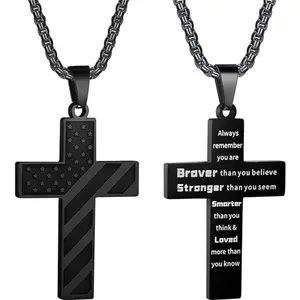 American Flag Cross Necklace for Men,Cross Necklace for Men,Stainless Steel Pendant Chain with Bible Verse,Baptism First Communion Pendant Chain Gifts