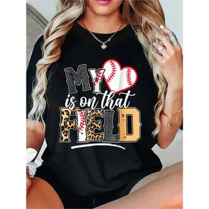 My Heart Is On That Field Mother's Day Baseball Mom Women T-Shirt Women T Shirt, Short Sleeve Round Neck Casual Top For Summer & Spring, Women's Clothing