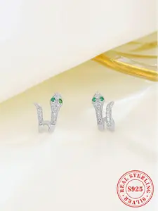 925 Sterling Silver Fashion Artificial Zircon Decorated Snake Design Earrings, Trendy All-match & Exquisite Jewelry for Birthday Gift