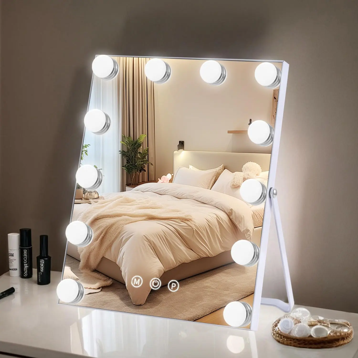 Metal Hollywood Lighted 12" x 10" Desk Vanity Mirror - Durable Adjustable Rectangular Modern Home Decor, 3 Color Modes, 12 Dimmable Bulbs, Smart Touch Control, Elegant Gift for Beauty Enthusiasts