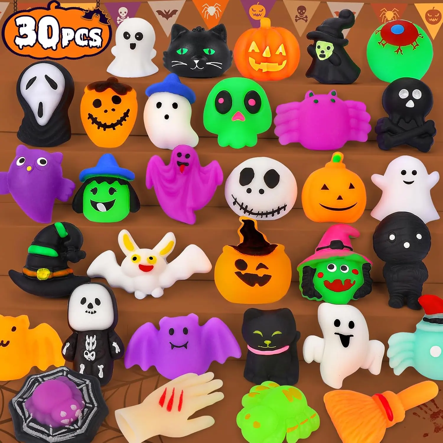 30Pcs Halloween Mochi Squishy Toys Halloween Party Favors for Kids Halloweens Toys for Trick or Treat Bulk Non Candy Halloweens Treats Gift Goodie Bags Fillers Party Supplies for Kids Boys Girls