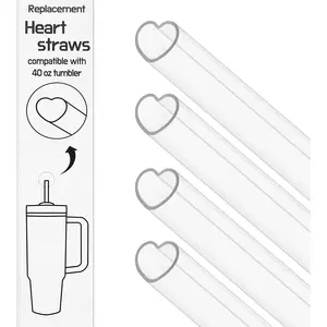 12 Inch Reusable Plastic Heart Straws for Stanley Cup 40 oz & 30 oz Tumbler Accessories Cute Clear Extra Long Replacement straw 4-Pack with brush Valentines Galentines day Gifts