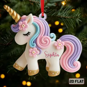 Personalized Unicorn Ornament for Girls, Custom name 2D Flat Christmas Ornament, Cute Pastel Unicorn Gift 2025, Kids Girl Unicorn Christmas Decor