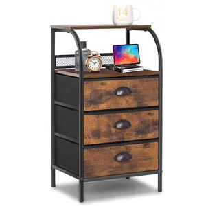 Jixlantuc Nightstand with 3 Drawers and 2-Tier Shelf, Fabric Small Dresser Organizer Vertical Storage Tower for Bedroom, Closet, Hallway, Nursery, End Table Side Furniture, Sturdy Steel Frame, Wood Top