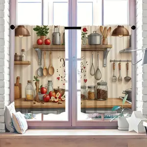 2D Flat 2pcs Flat Printed Kitchen Curtains Featuring Tableware And Food Designs, Layered with Pole Bags for Decoration, Suitable for Kitchens, Coffee Shops, And Living Rooms, Ideal for Year-Round Home Decor