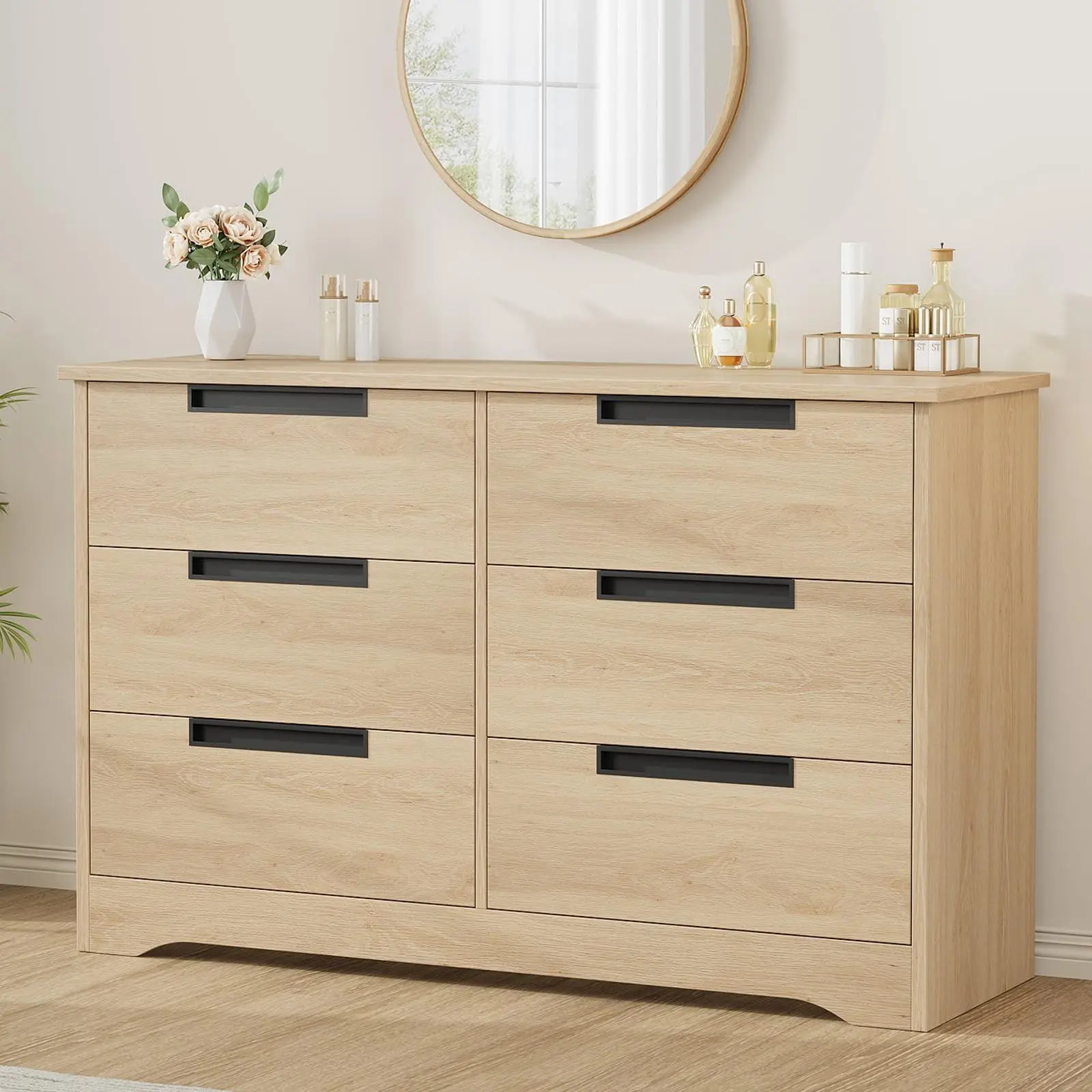 GAOMON Walnut Brown 6 Drawer Dresser for Bedroom, Black Modern Chest of Drawers with Embedded Handles, Wooden Storage Organizer for Living Room Nursery Hallway, Anti-Tip Safety