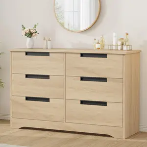 Walnut Brown 6 Drawer Dresser for Bedroom, Black Modern Chest of Drawers with Embedded Handles, Wooden Storage Organizer for Living Room Nursery Hallway, Anti-Tip Safety