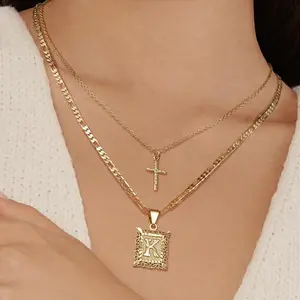 Gold Layered Initial Cross Necklace, 14K Gold Plated Layering Square Letter Pendant Figaro Chain Cross Choker from A-Z Capital Jewelry for Women Girls