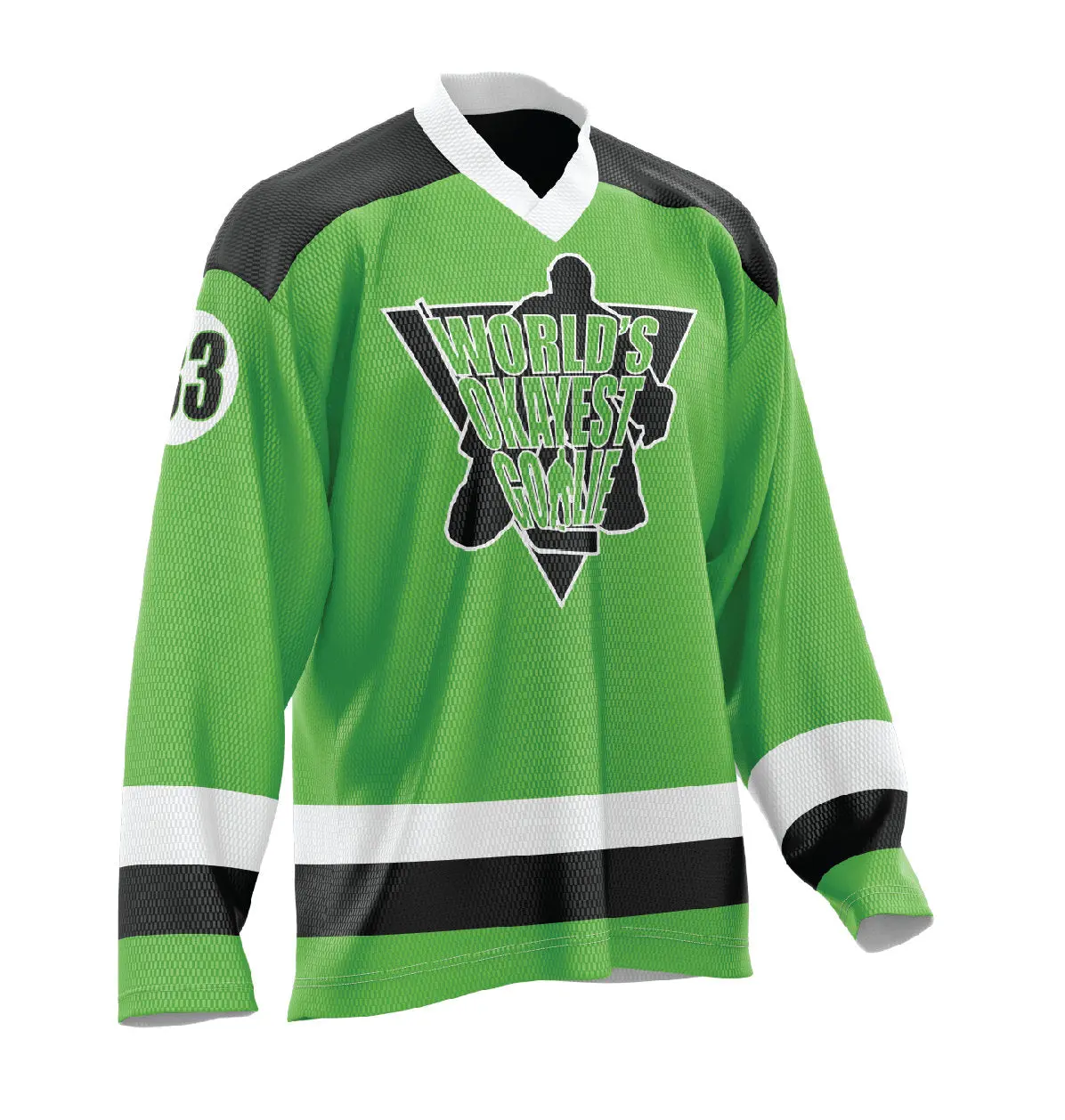 World's Okayest Goalie Hockey Jersey Neon Green/Black/White Fully Sublimated for Bold Colors and Long Lasting Non Fade Customizable with Name and Number V-Neck 100% Polyester