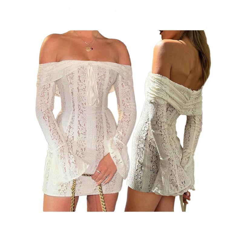 Women Off Shoulder Lace Dress Floral Pattern Bow Ruched Boat Neck Long Sleeve Slim Fit Short Dresses Formal White