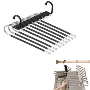 Upgrade 9-layer Pants Hanger Space Saving Organizer Multifunctional Rack for Jeans Trousers Leggings Sturdy Stainless Steel & PP Plastic Open-end Design Anti-slip Cover Maximize Closet Space